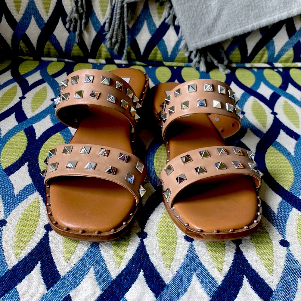 Steve Madden Sandals | Size 7 | Pyramid Studded Two-strap Slides Silver/ Tan